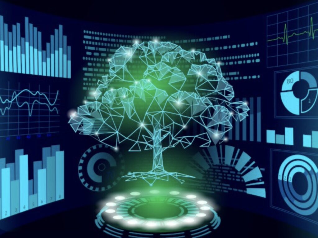 Forestry ESG graphic showing digital tree, pie charts and bar graphs